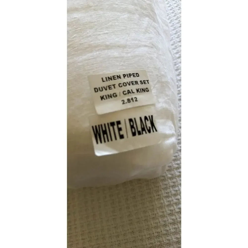 Quince Organic Linen White Piped Duvet Cover Set in size King/ Cal King
